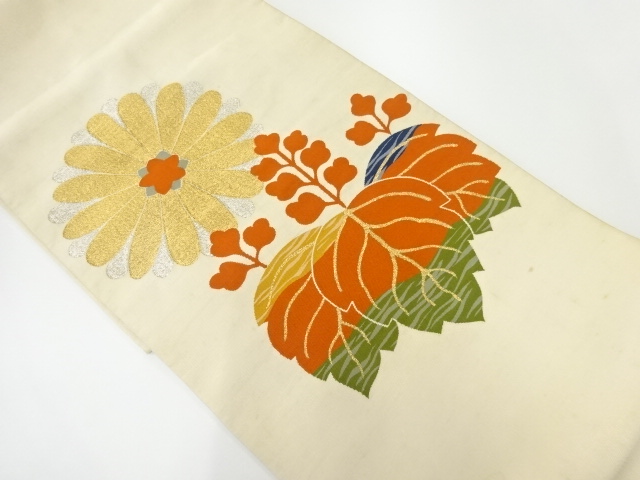 JAPANESE KIMONO / ANTIQUE FUKURO OBI / SILK / TSUZURE / WOVEN KIKU & PAULOWNIA
